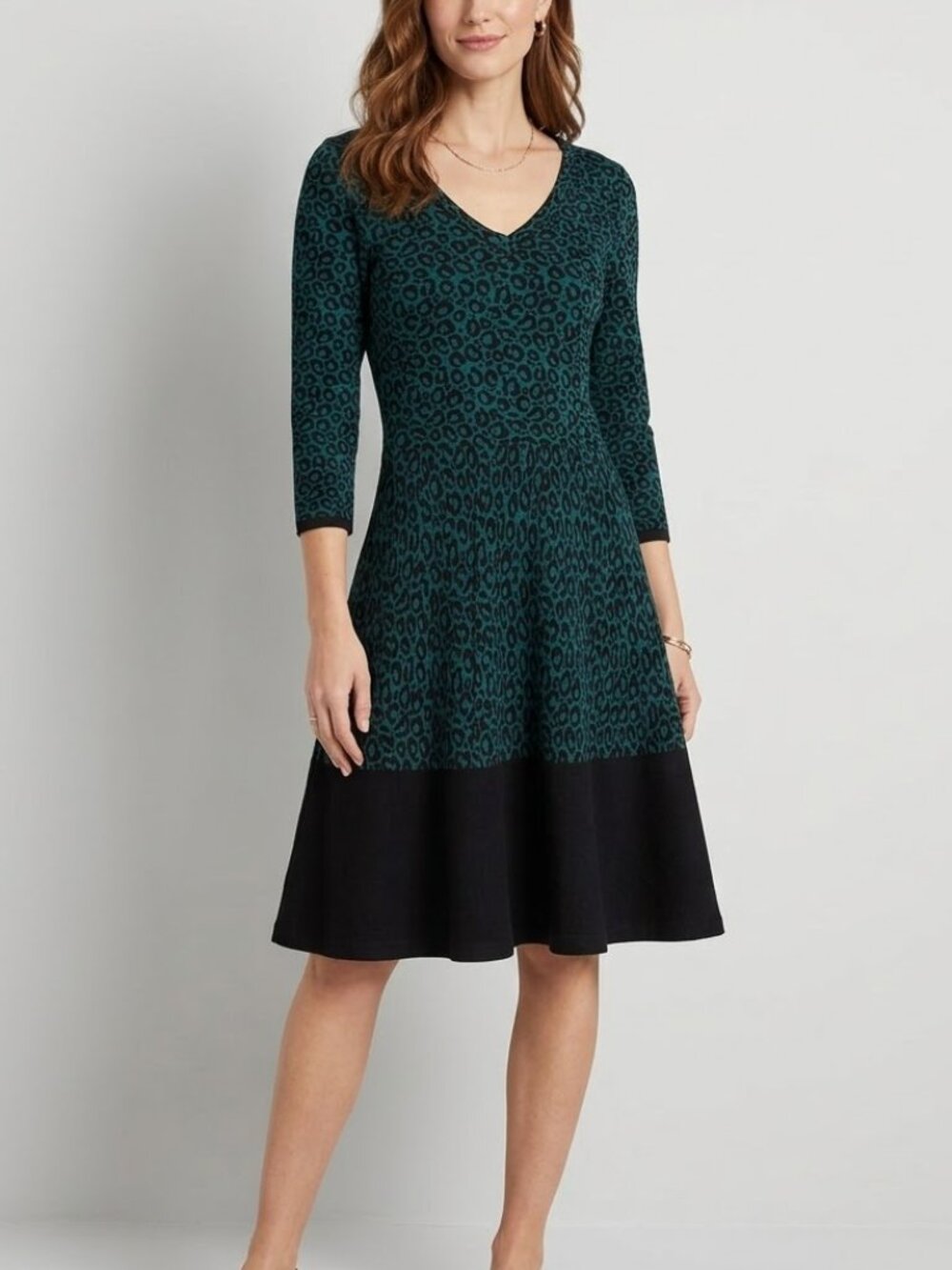 Taylor Teal Black Animal Leopard Print Knit Fit &Flare Dress Medium BusinessChic